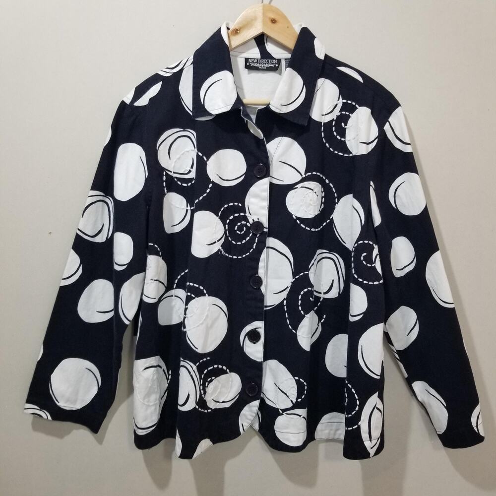 New Directions Jacket Womens 1X Black White Polka Dot Art to Wear Button Front